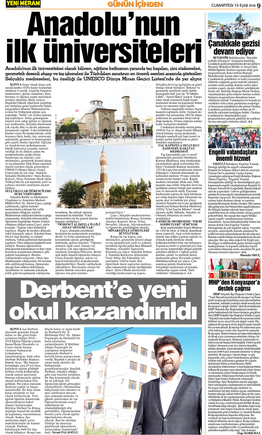 15 Eylül 2018 Yeni Meram Gazetesi