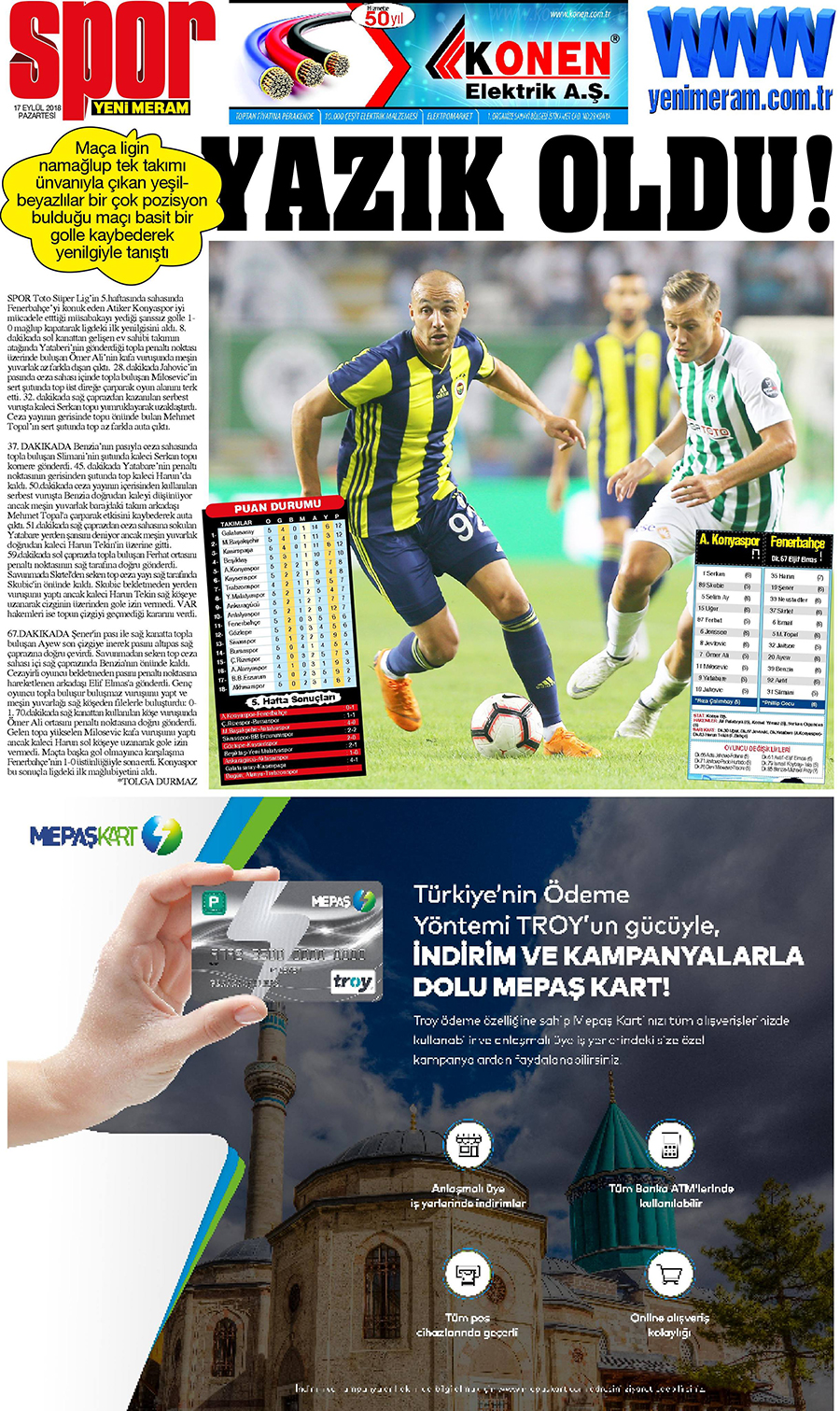 17 Eylül 2018 Yeni Meram Gazetesi