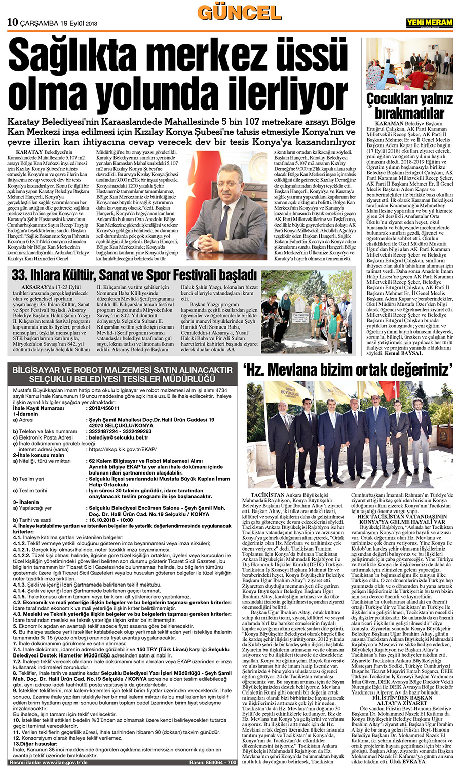 19 Eylül 2018 Yeni Meram Gazetesi