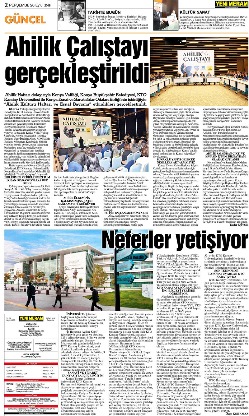 20 Eylül 2018 Yeni Meram Gazetesi