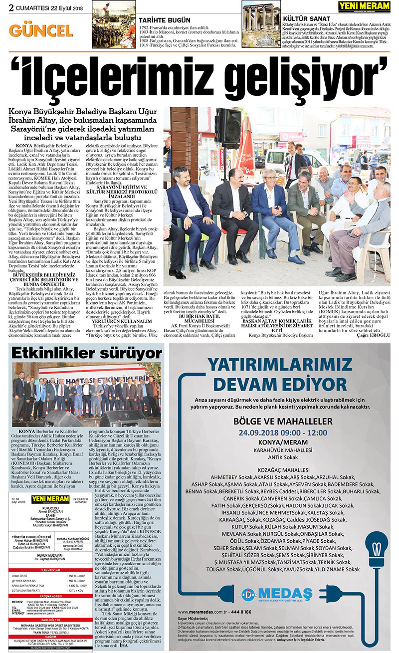 22 Eylül 2018 Yeni Meram Gazetesi