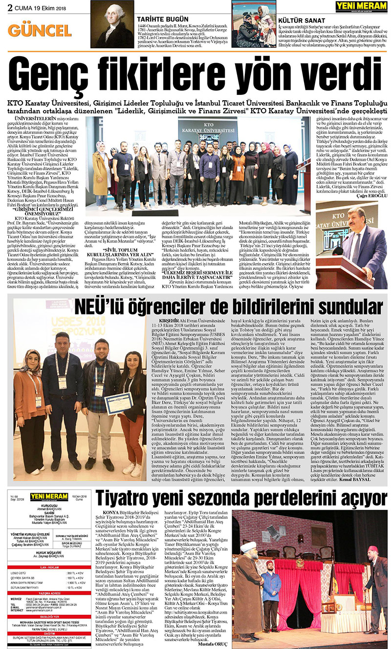 19 Ekim 2018 Yeni Meram Gazetesi