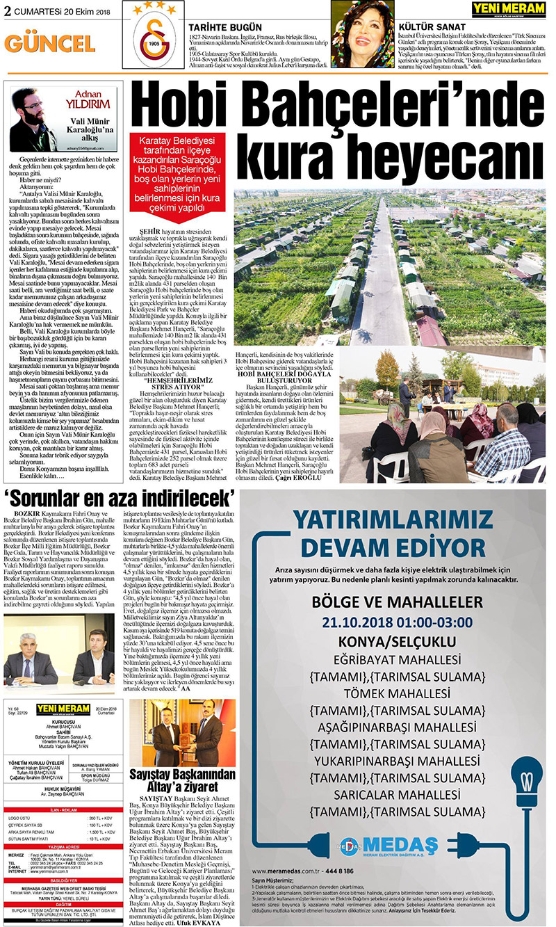 20 Ekim 2018 Yeni Meram Gazetesi