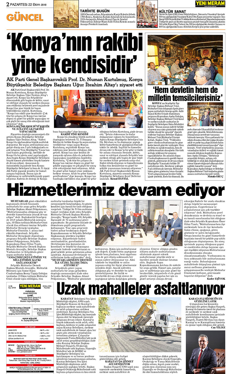 22 Ekim 2018 Yeni Meram Gazetesi