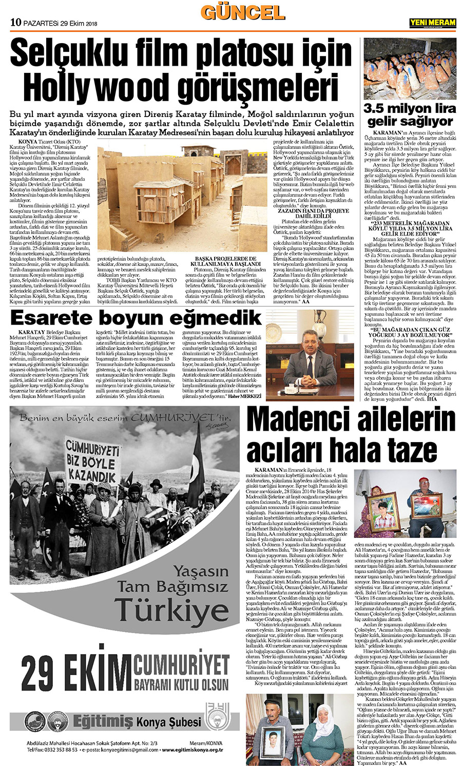 29 Ekim 2018 Yeni Meram Gazetesi