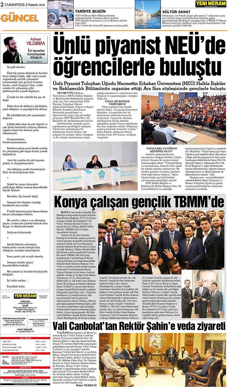 3 Kasım 2018 Yeni Meram Gazetesi