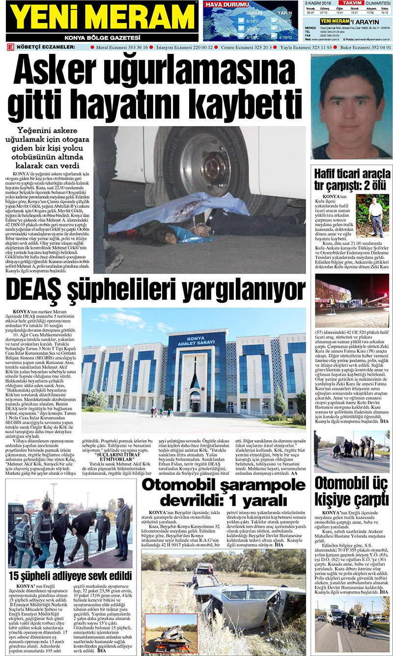 3 Kasım 2018 Yeni Meram Gazetesi