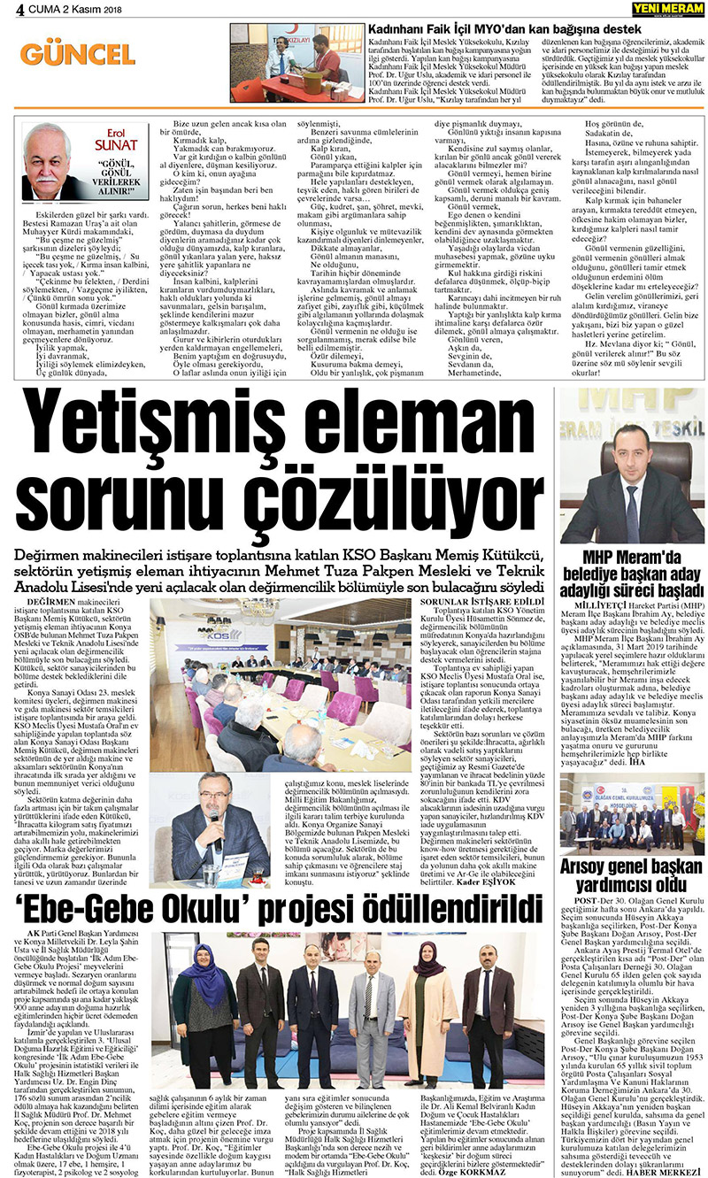 2 Kasım 2018 Yeni Meram Gazetesi