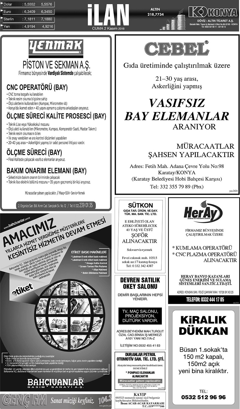 2 Kasım 2018 Yeni Meram Gazetesi