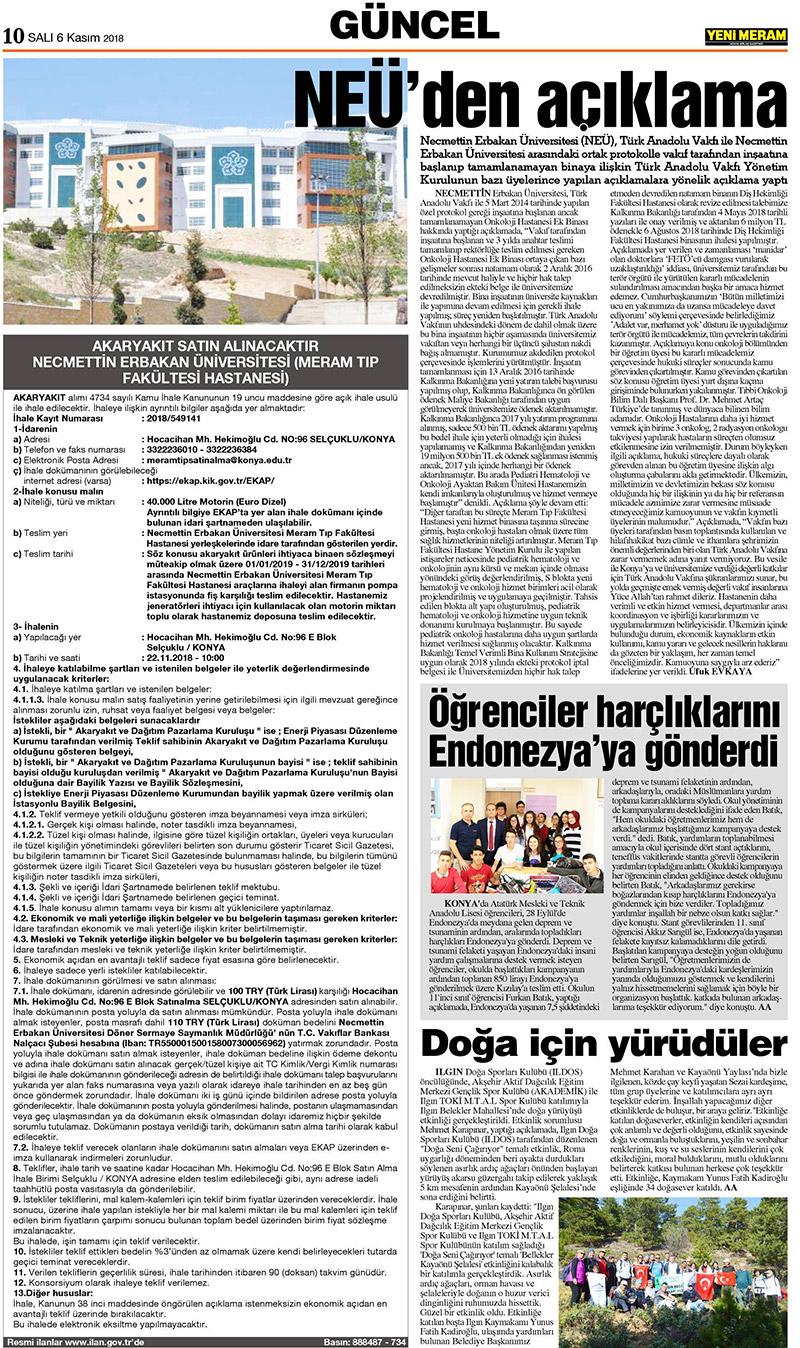 6 Kasım 2018 Yeni Meram Gazetesi