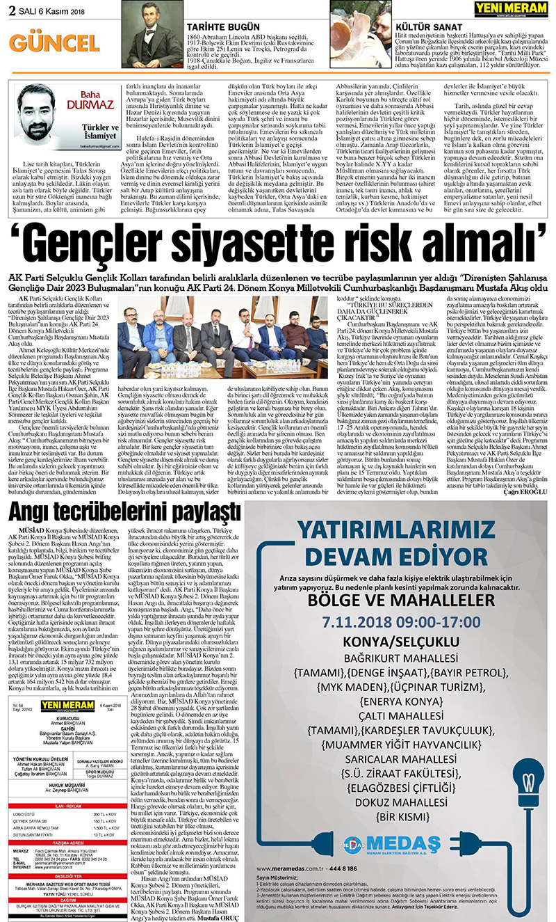 6 Kasım 2018 Yeni Meram Gazetesi