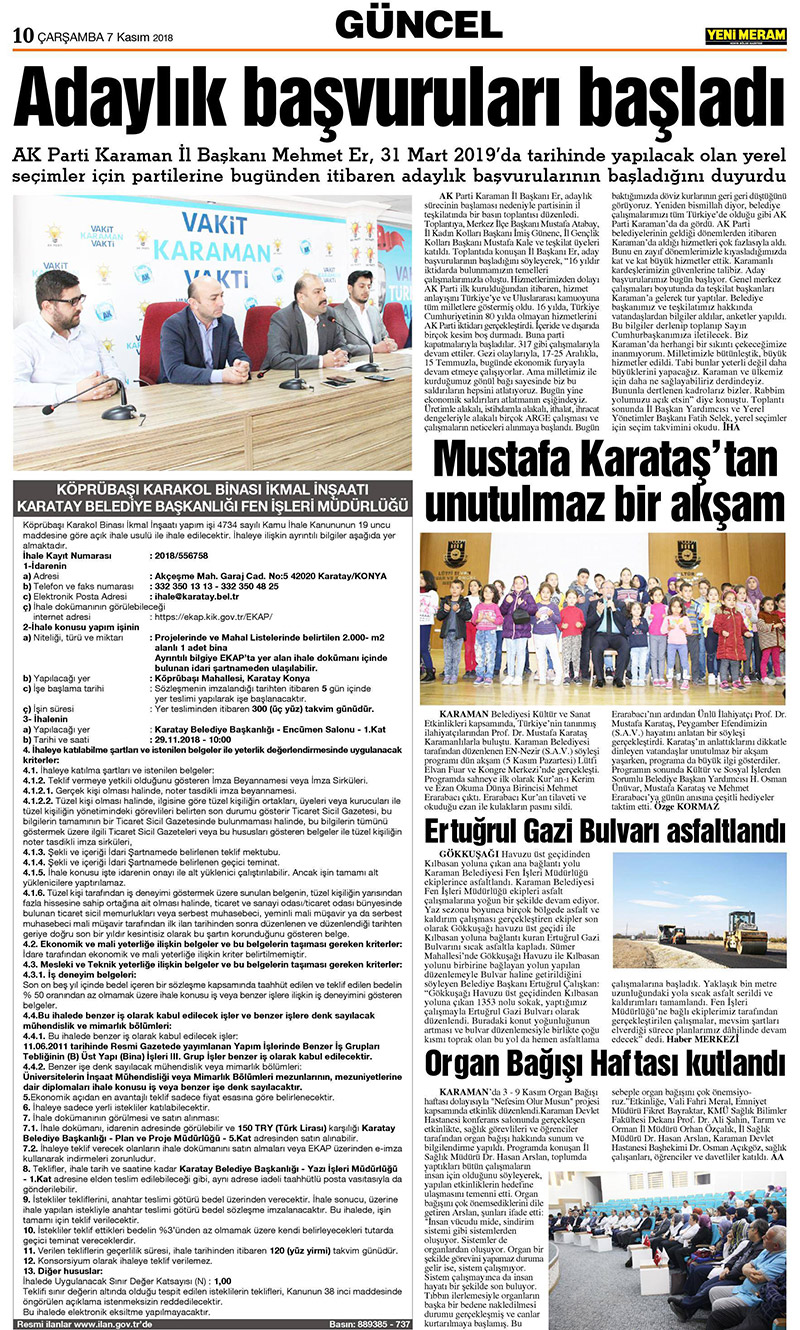 7 Kasım 2018 Yeni Meram Gazetesi