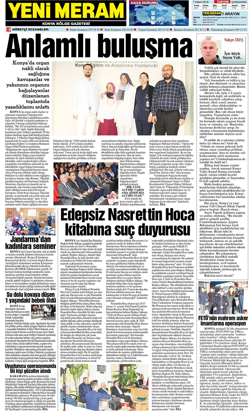 7 Kasım 2018 Yeni Meram Gazetesi