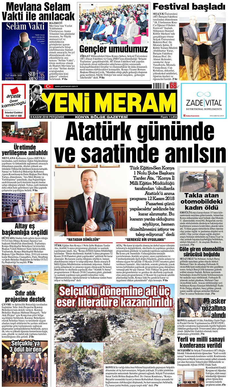 8 Kasım 2018 Yeni Meram Gazetesi