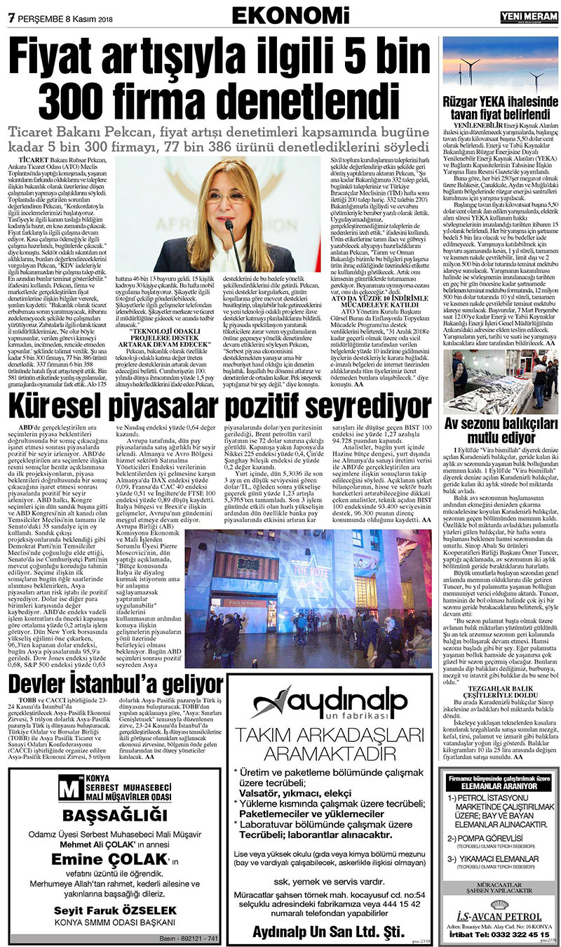 8 Kasım 2018 Yeni Meram Gazetesi