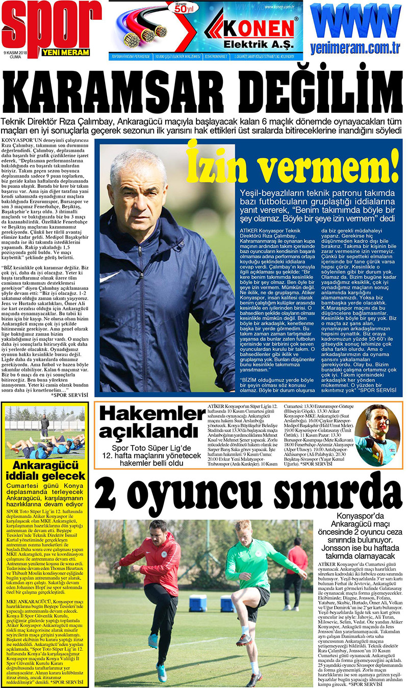 9 Kasım 2018 Yeni Meram Gazetesi