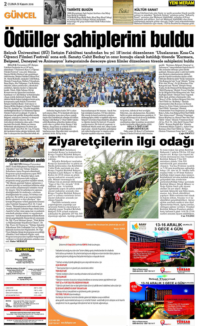 9 Kasım 2018 Yeni Meram Gazetesi