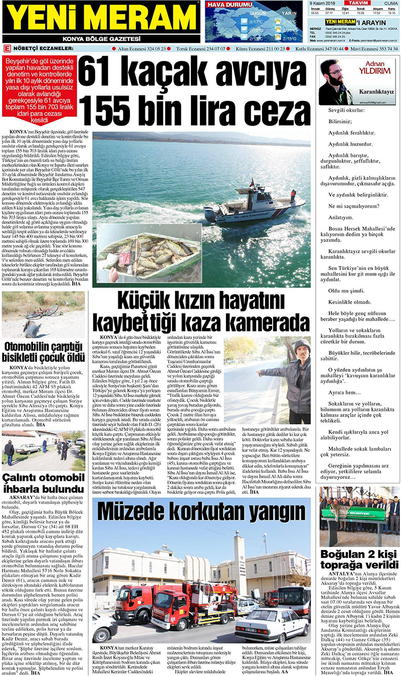 9 Kasım 2018 Yeni Meram Gazetesi