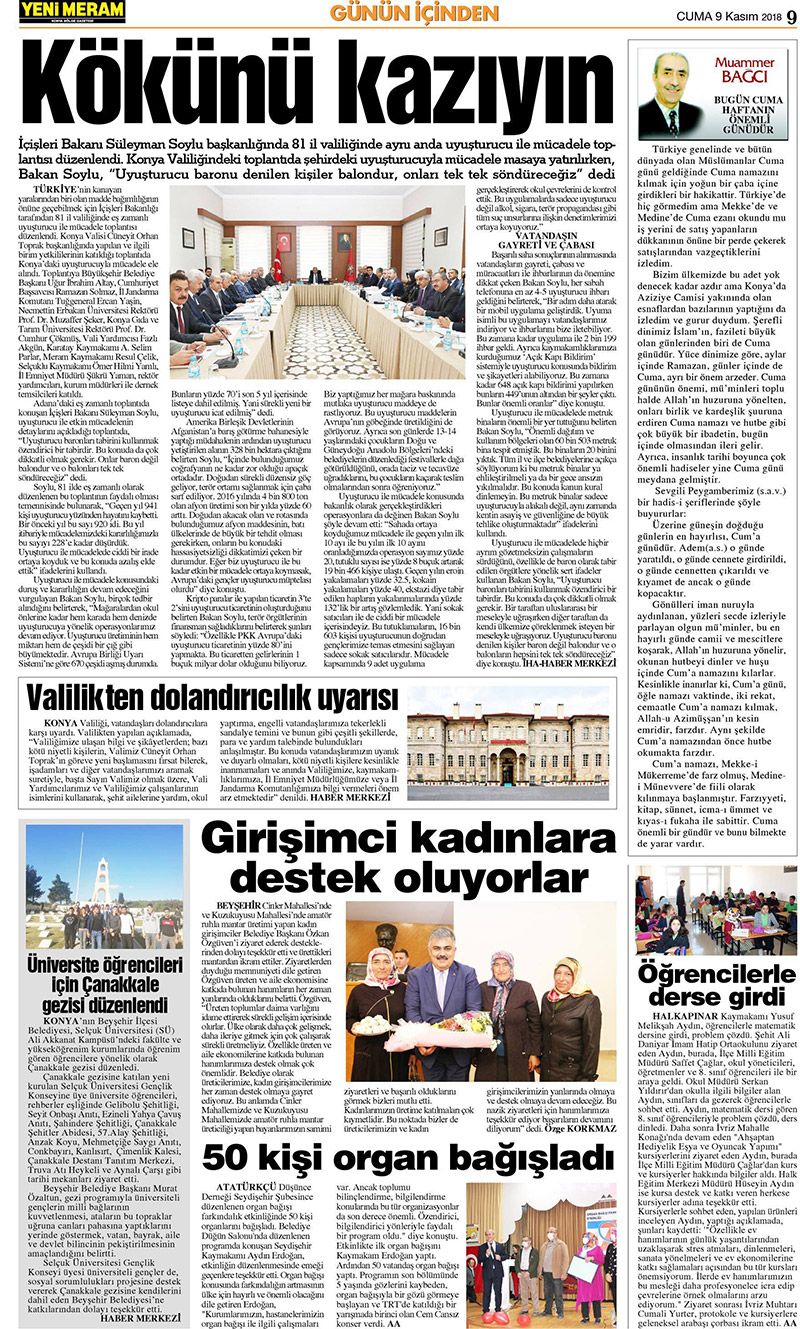 9 Kasım 2018 Yeni Meram Gazetesi