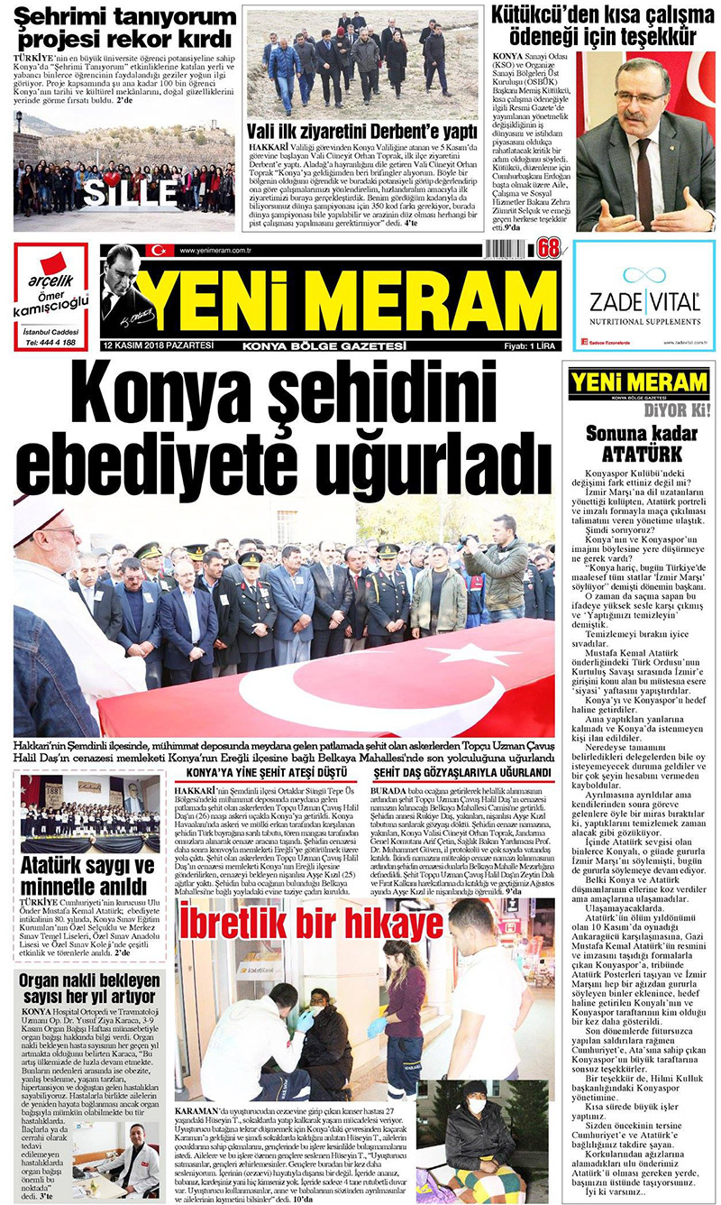 12 Kasım 2018 Yeni Meram Gazetesi