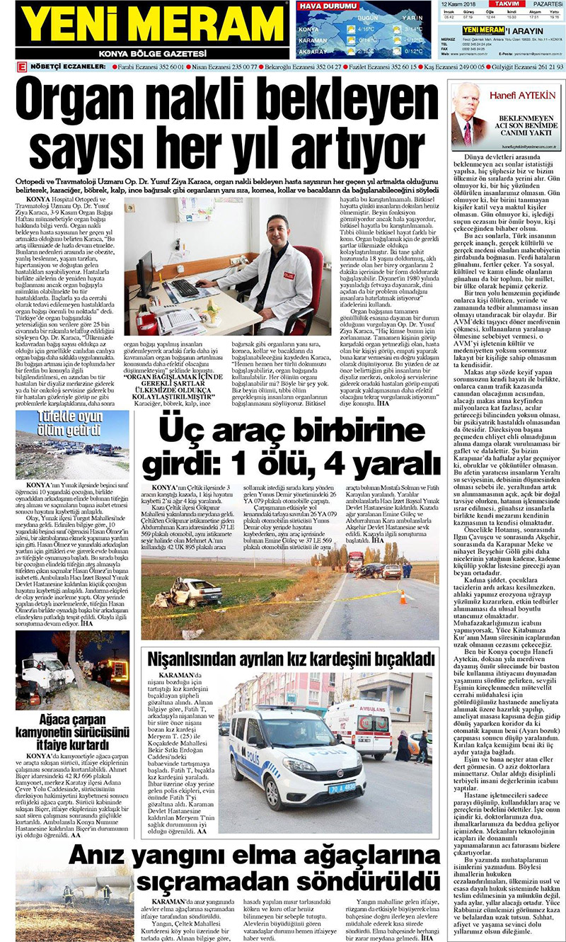 12 Kasım 2018 Yeni Meram Gazetesi