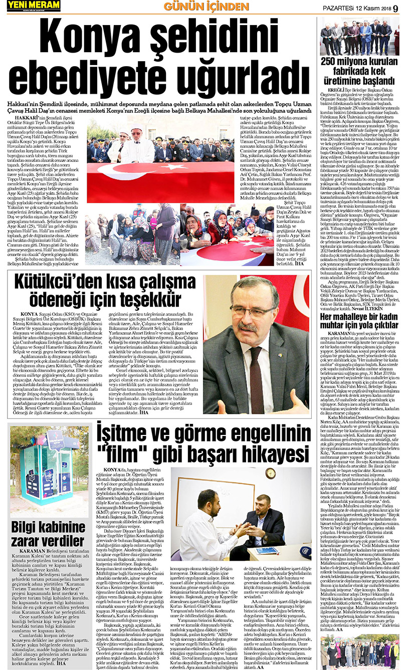 12 Kasım 2018 Yeni Meram Gazetesi