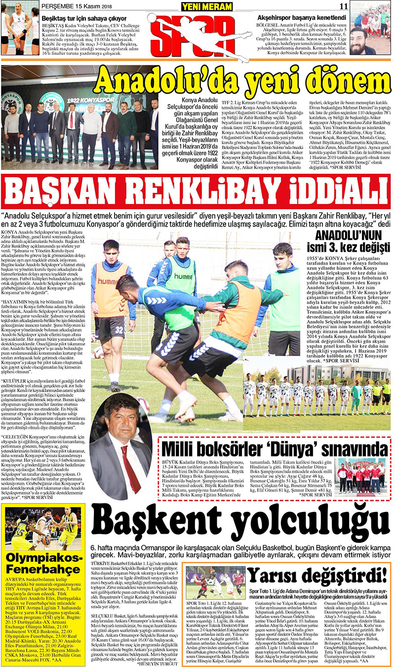 15 Kasım 2018 Yeni Meram Gazetesi