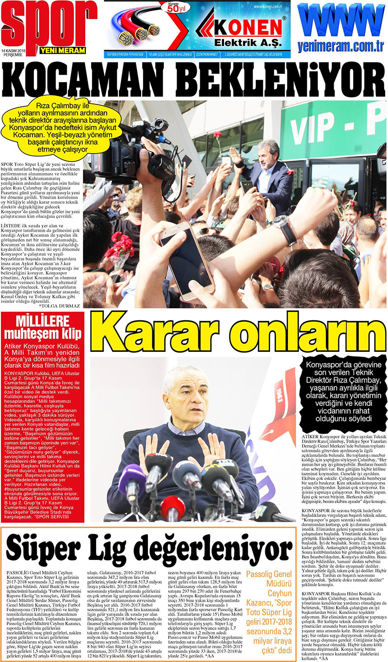 15 Kasım 2018 Yeni Meram Gazetesi