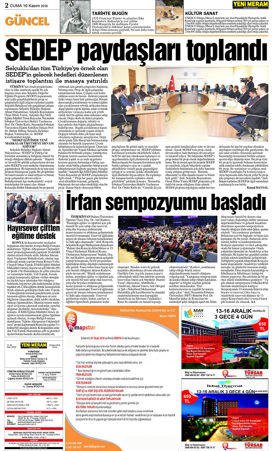 16 Kasım 2018 Yeni Meram Gazetesi