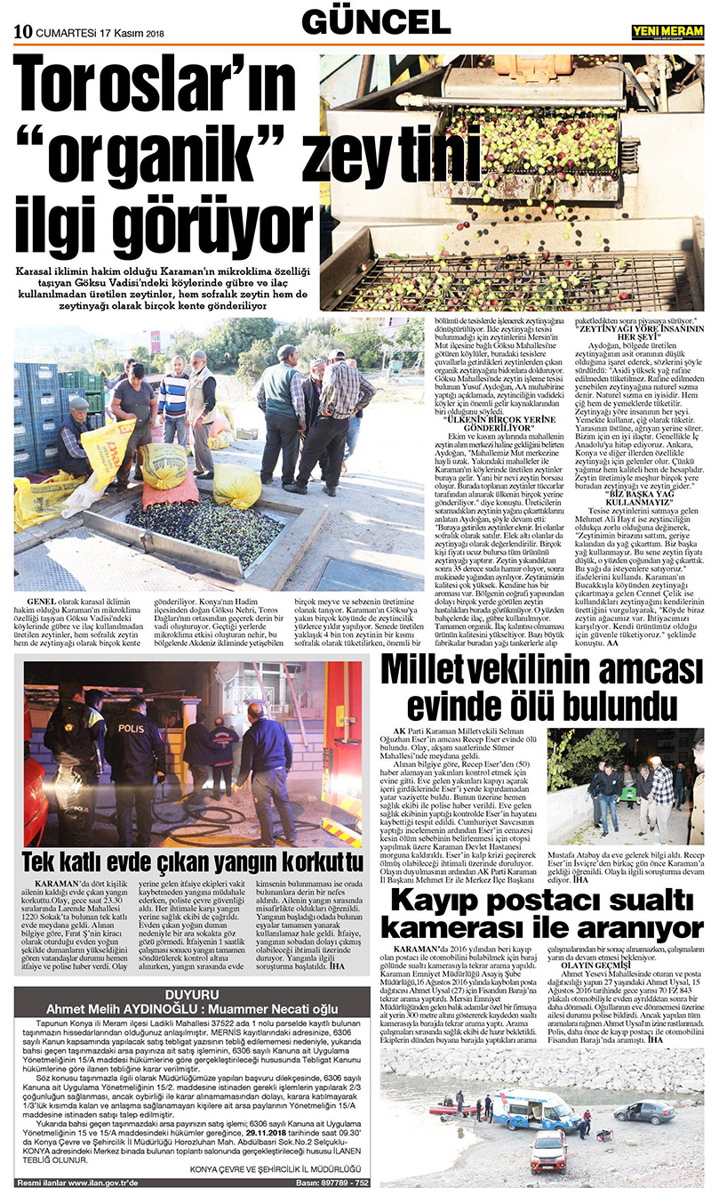 17 Kasım 2018 Yeni Meram Gazetesi