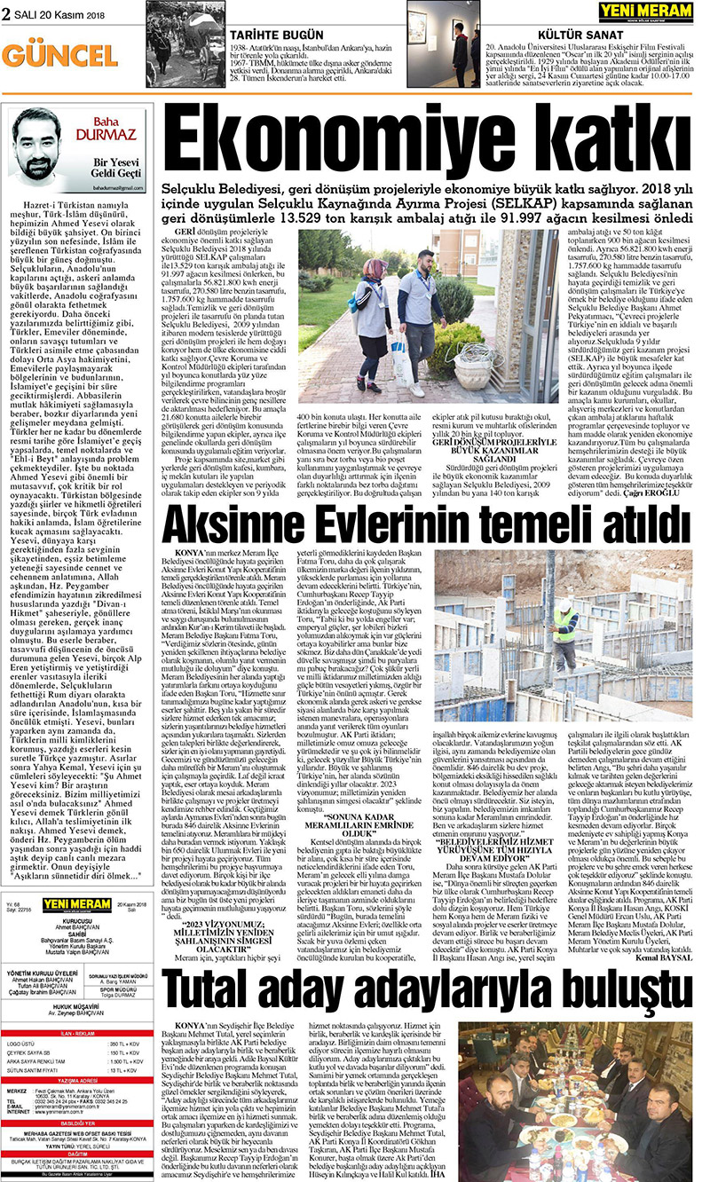 19 Kasım 2018 Yeni Meram Gazetesi