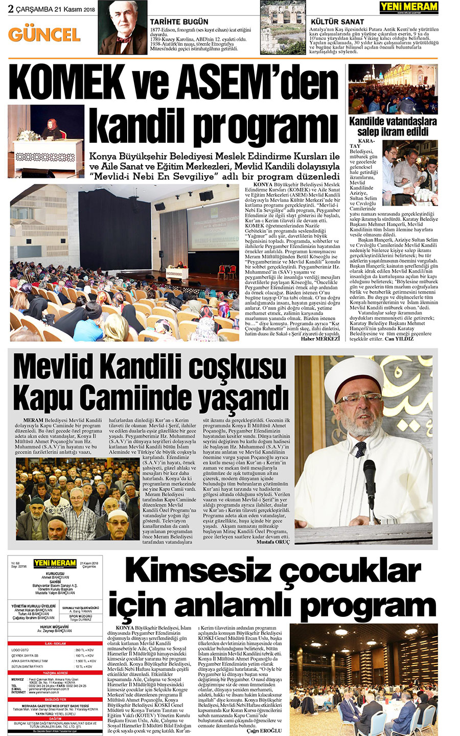 21 Kasım 2018 Yeni Meram Gazetesi