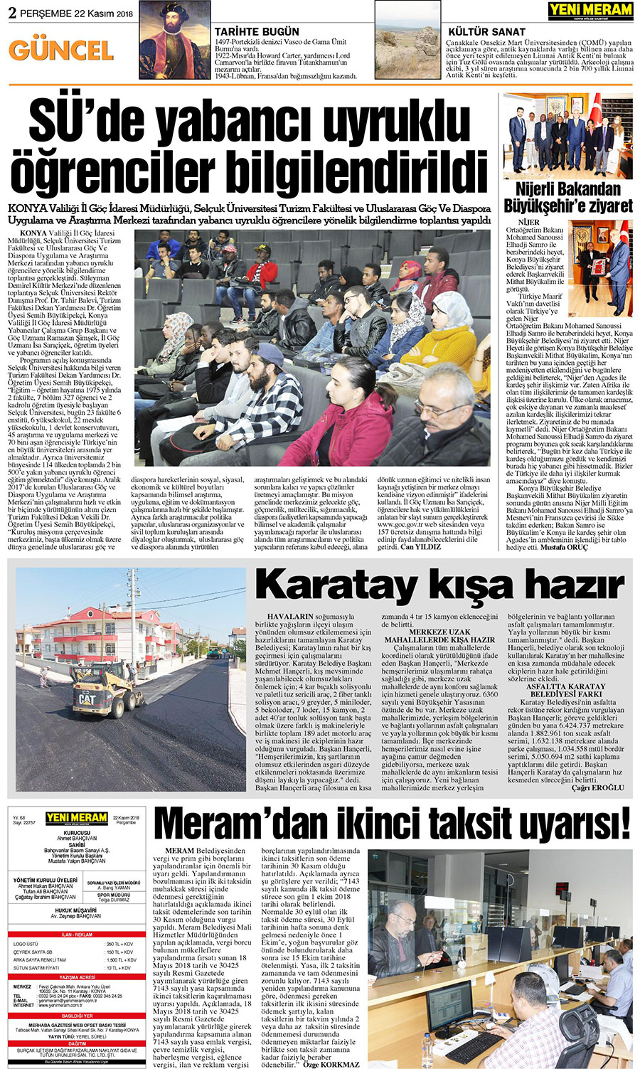 22 Kasım 2018 Yeni Meram Gazetesi