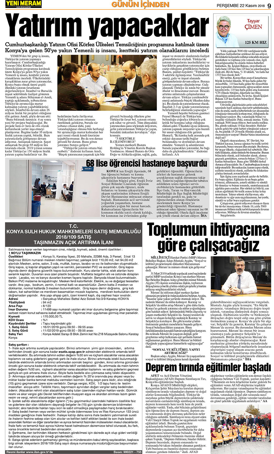 22 Kasım 2018 Yeni Meram Gazetesi