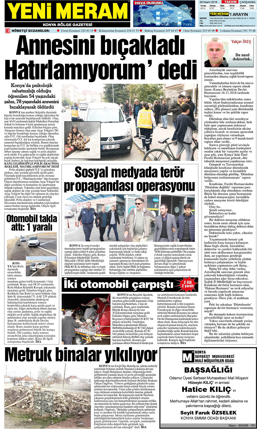 28 Kasım 2018 Yeni Meram Gazetesi