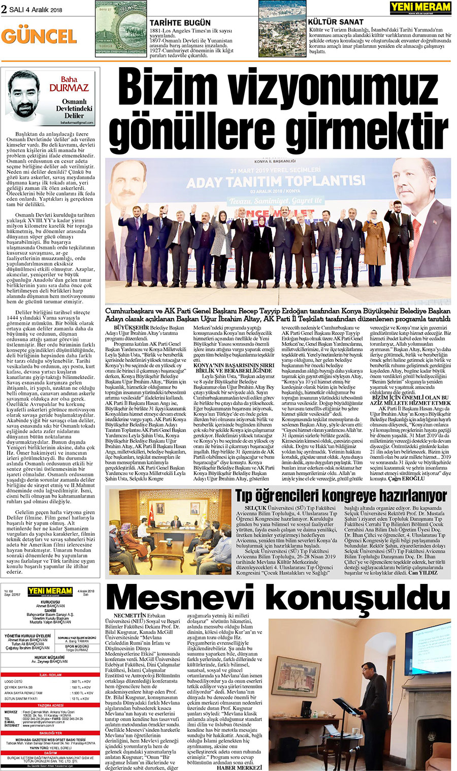 4 Aralık 2018 Yeni Meram Gazetesi