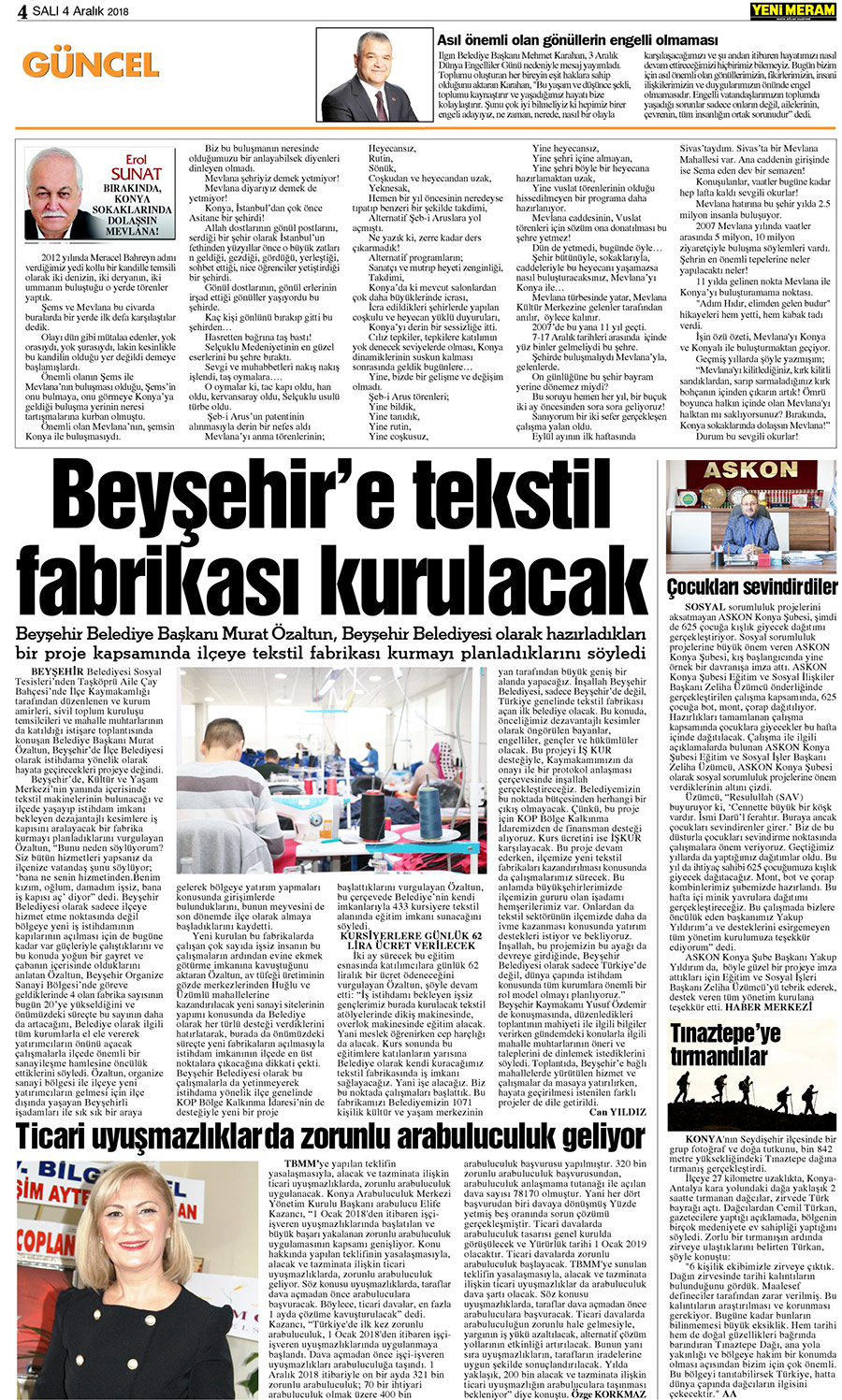 4 Aralık 2018 Yeni Meram Gazetesi