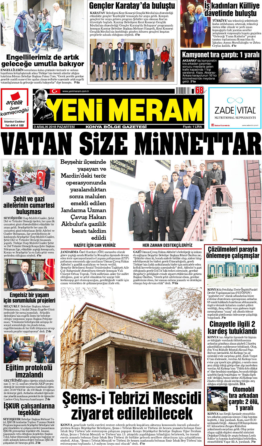 3 Aralık 2018 Yeni Meram Gazetesi