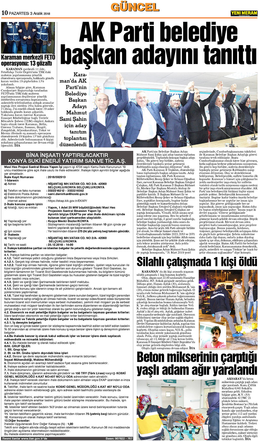 3 Aralık 2018 Yeni Meram Gazetesi