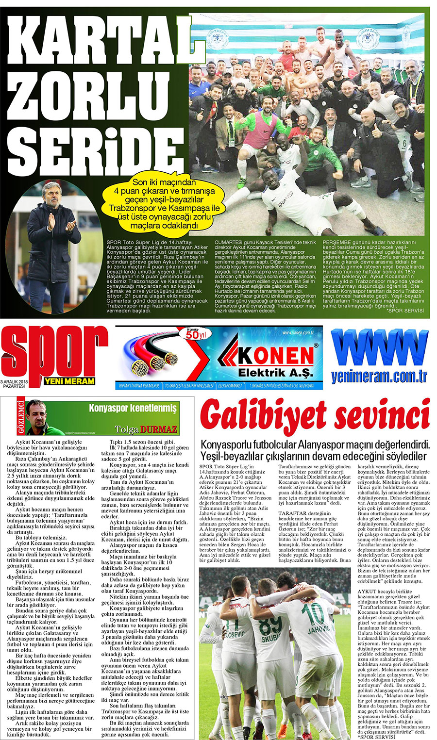 3 Aralık 2018 Yeni Meram Gazetesi