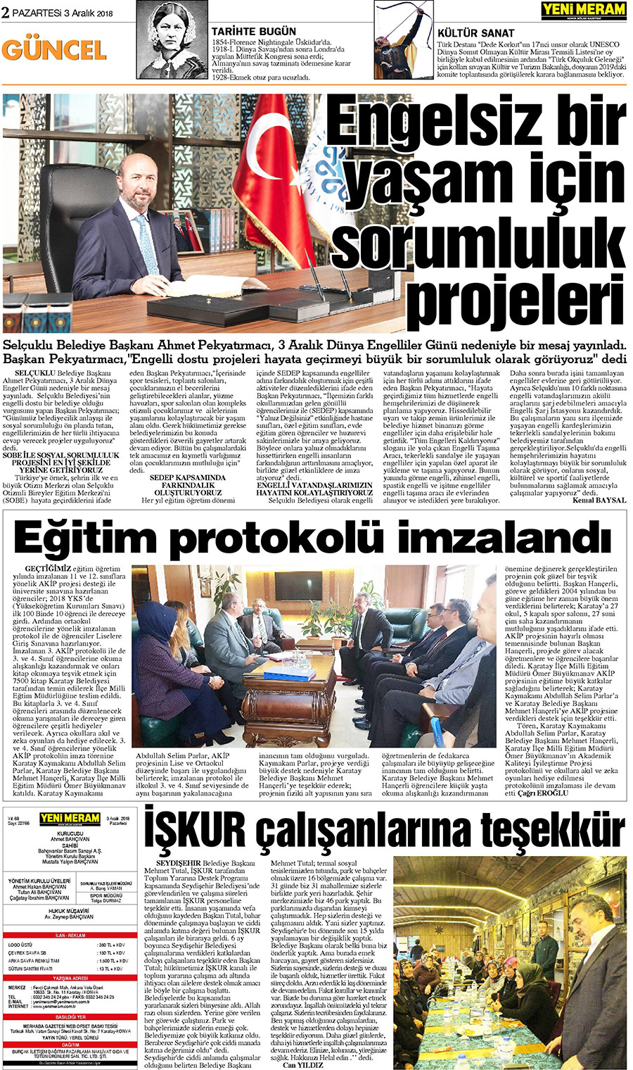 3 Aralık 2018 Yeni Meram Gazetesi