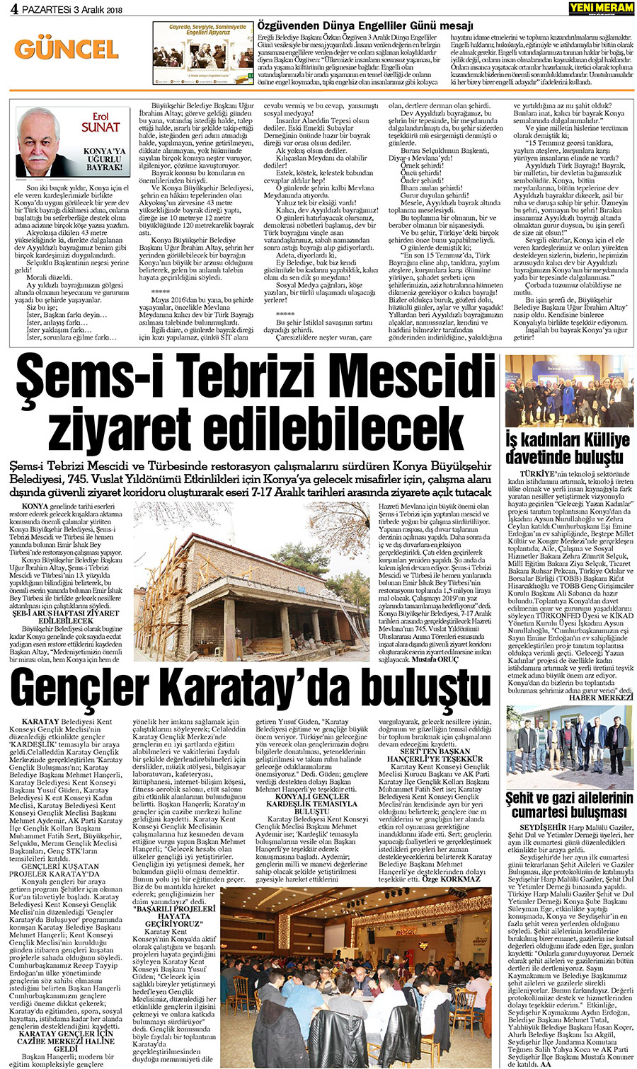 3 Aralık 2018 Yeni Meram Gazetesi