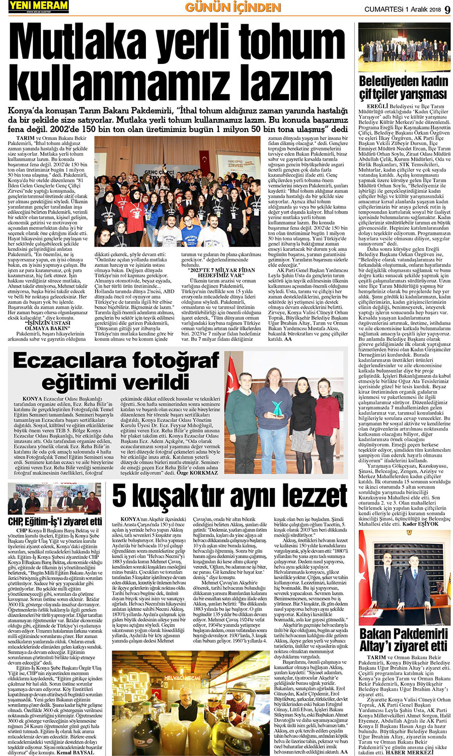 1 Aralık 2018 Yeni Meram Gazetesi