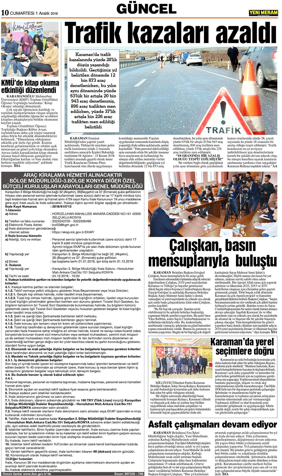 1 Aralık 2018 Yeni Meram Gazetesi