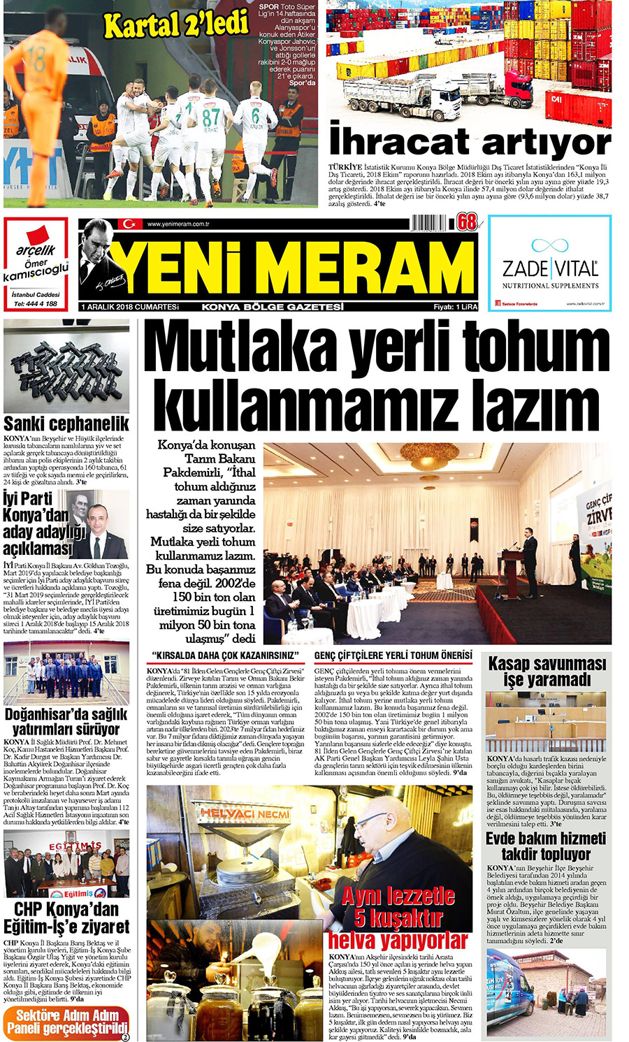 1 Aralık 2018 Yeni Meram Gazetesi