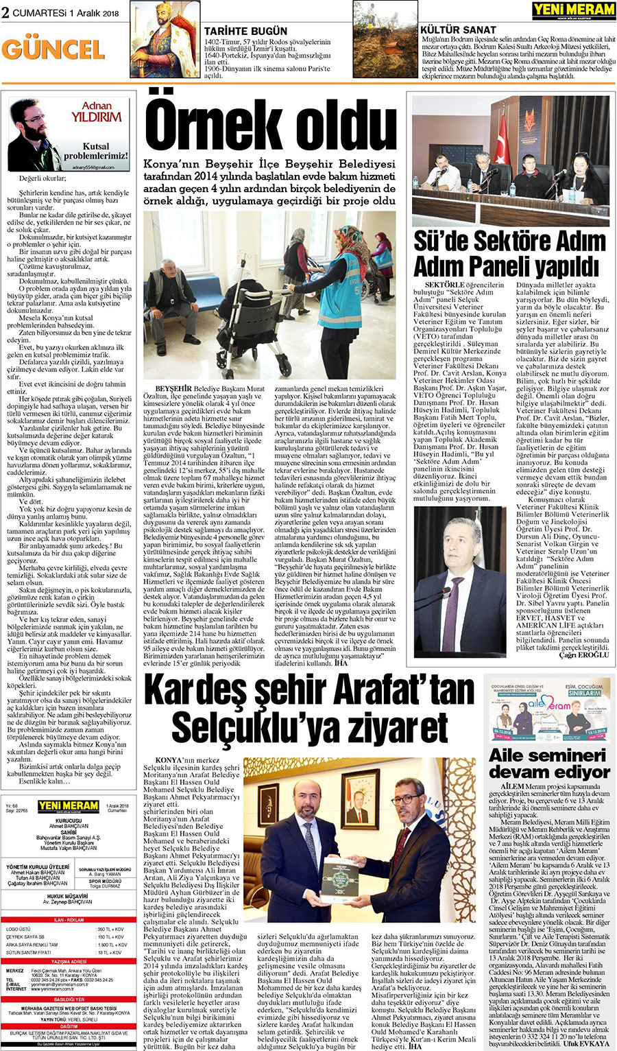 1 Aralık 2018 Yeni Meram Gazetesi