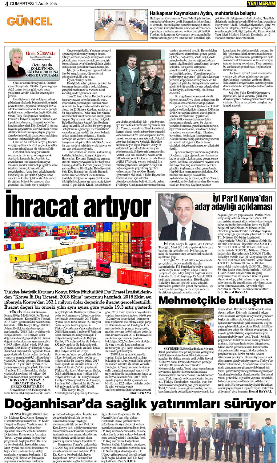 1 Aralık 2018 Yeni Meram Gazetesi