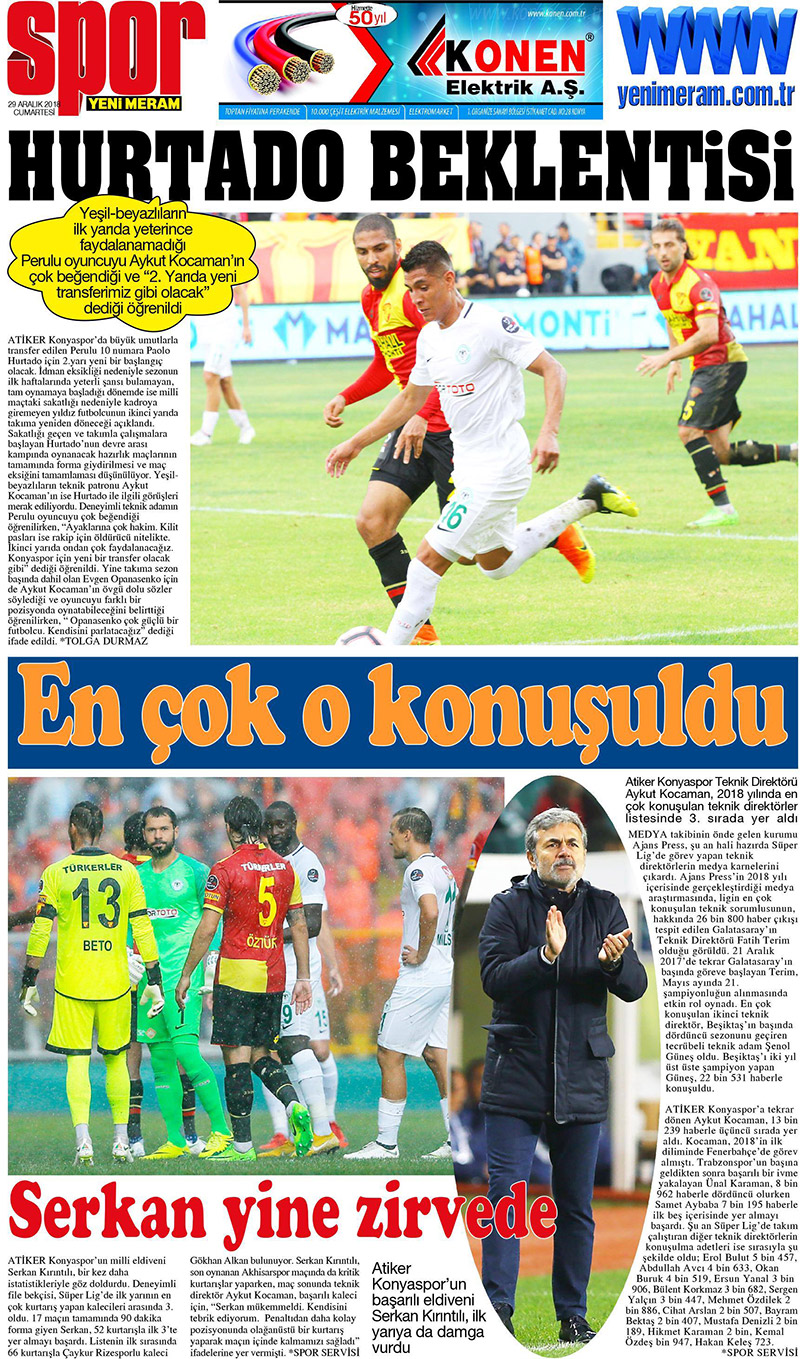 29 Aralık 2018 Yeni Meram Gazetesi