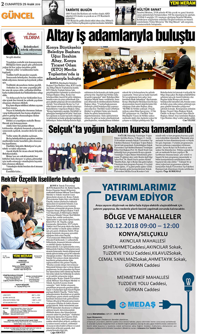 29 Aralık 2018 Yeni Meram Gazetesi