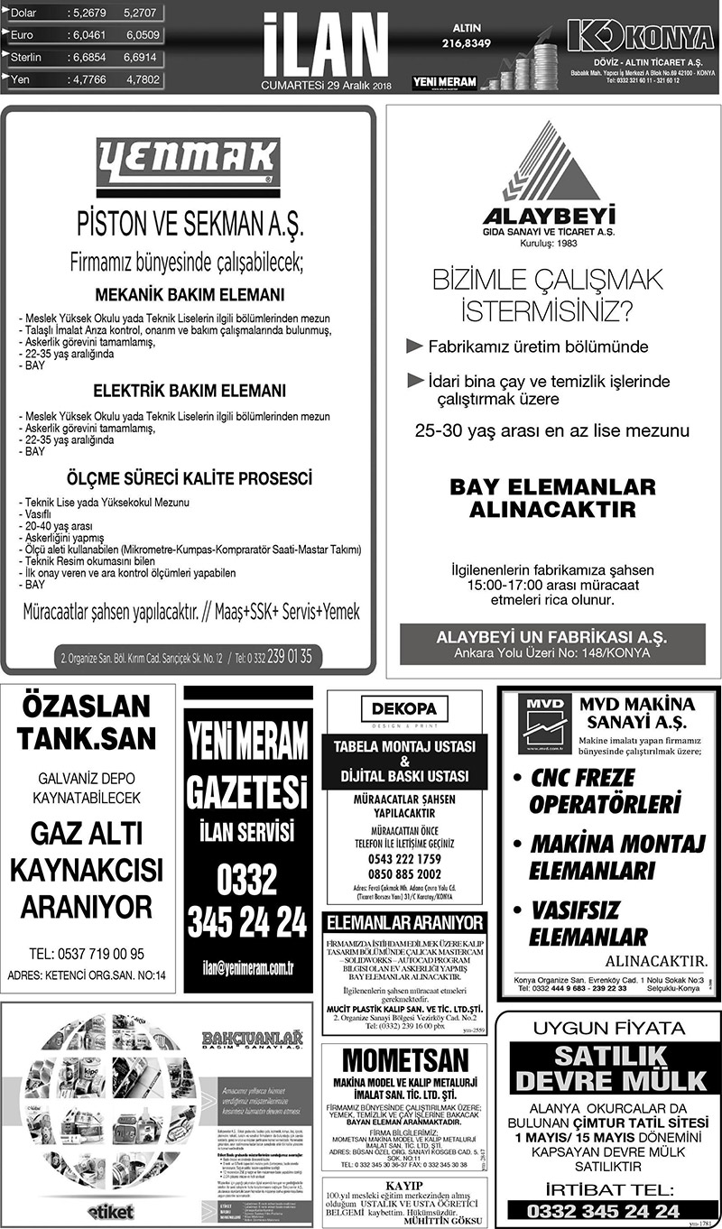 29 Aralık 2018 Yeni Meram Gazetesi